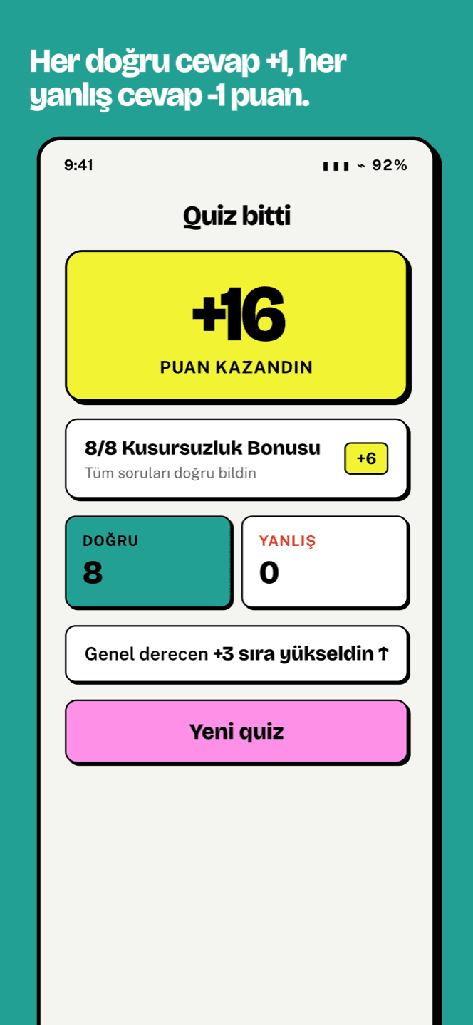 Sonuç ekranı: kazanılan puan ve kusursuzluk bonusu — "Her doğru cevap +1, her yanlış cevap -1 puan."